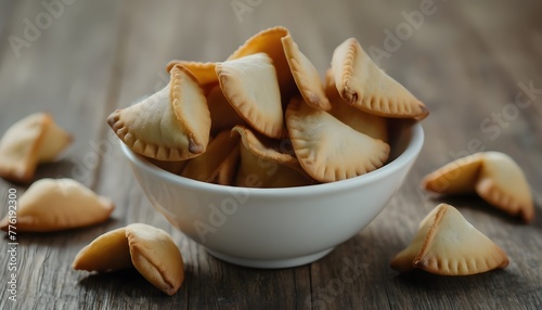 Closeup small bowl full of crispy fortune cookies placed on wooden table