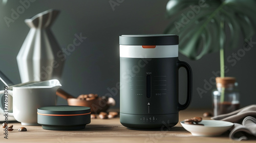 Stylish coffee mug mockup with an integrated temperature display, smart lid, and minimalist aesthetics, redefining the morning routine for coffee enthusiasts