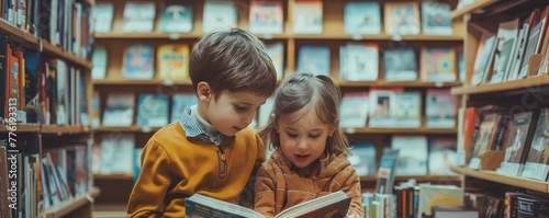 Two kids reading a book in library quietly photo