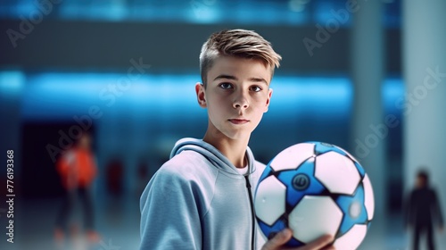 Teenage boy playing indoor soccer wearing light blue