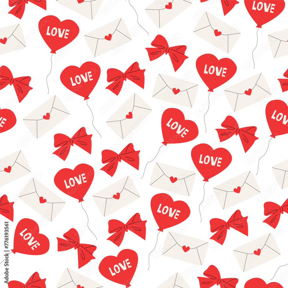 Flat vector illustration seamless pattern love theme,envelope,heart,love,envelope,bow. Romantic pattern. - obrazy, fototapety, plakaty 