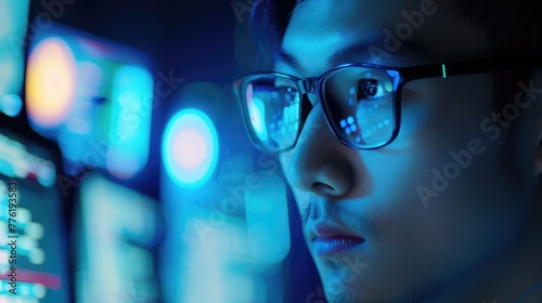 A determined Asian computer scientist researching blockchain technology for secure and decentralized data storage solutions, revolutionizing cybersecurity practices.