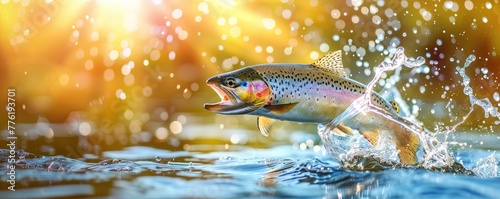 Trout fish Jumping Out of Water with Splashes
