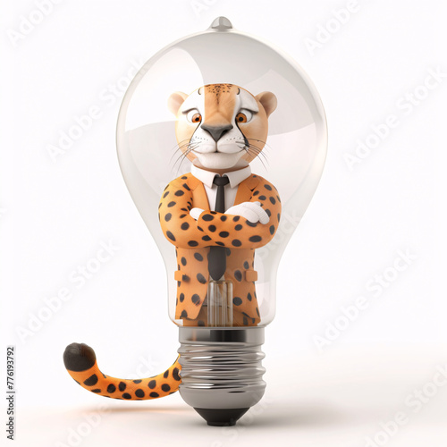 Cartoon character of a cheetah businessman with 3D effect holding a light bulb.