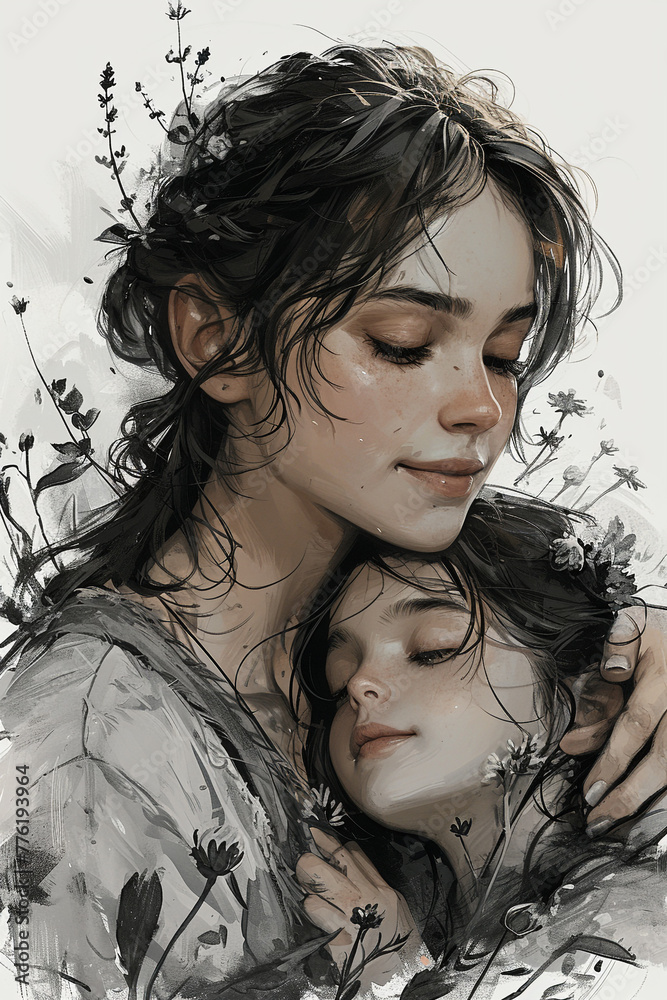 Illustration of a mother hugging her child, a form of parental love Illustration of a mother hugging her child, a form of parental love