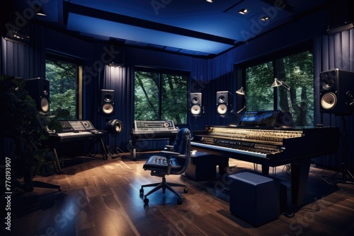 Modern recording studio  A high-tech modern recording studio with ambient lighting  AI generated