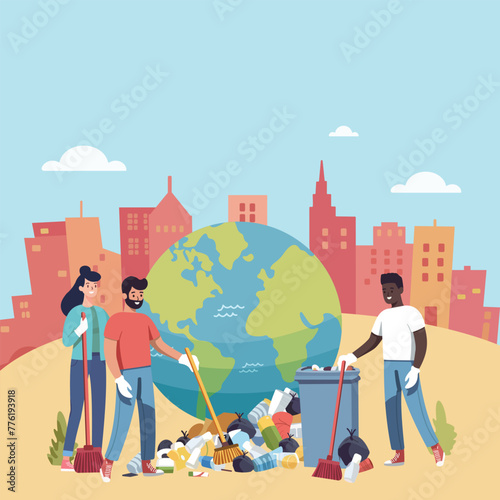 People are cleaning up planet from garbage. World Environment Day. Save the planet. Earth Day concept. Flat style vector illustration