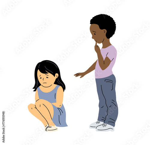 Fototapeta Naklejka Na Ścianę i Meble -  Little boy and girl. The friend asks his sister for forgiveness. The girl is offended and crying. Children and childhood. Vector illustration isolated on white background
