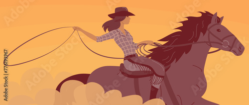 Beautiful cowboy girl in a hat rides a horse. Desert and hot sunset. Athletic agile woman swinging rope lasso. Wild West landscape, western, rodeo and horse racing. Cartoon vector illustration