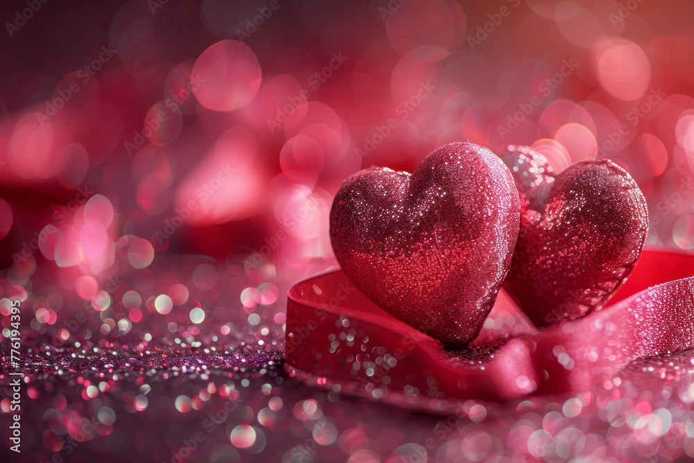 Valentines Day Decoration - Ribbon Shaped Hearts On Shiny Background. Generative AI