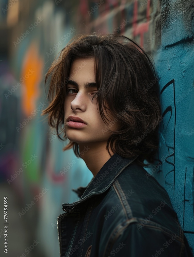 Fototapeta premium A modern informal teenager against an urban background. AI generative.