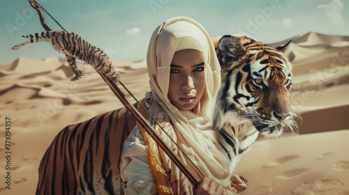 Muslim woman wearing a white hijab carrying a bow and arrow accompanied by a tiger in the middle of the desert photo