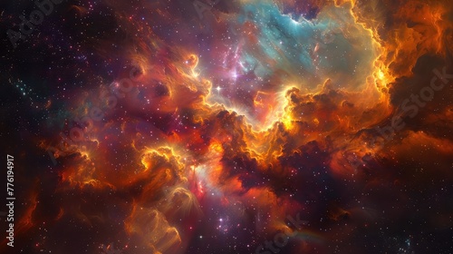 A cosmic explosion of colors in a star-forming region  where vibrant clouds of gas and dust collide to create a dazzling display of light and color.