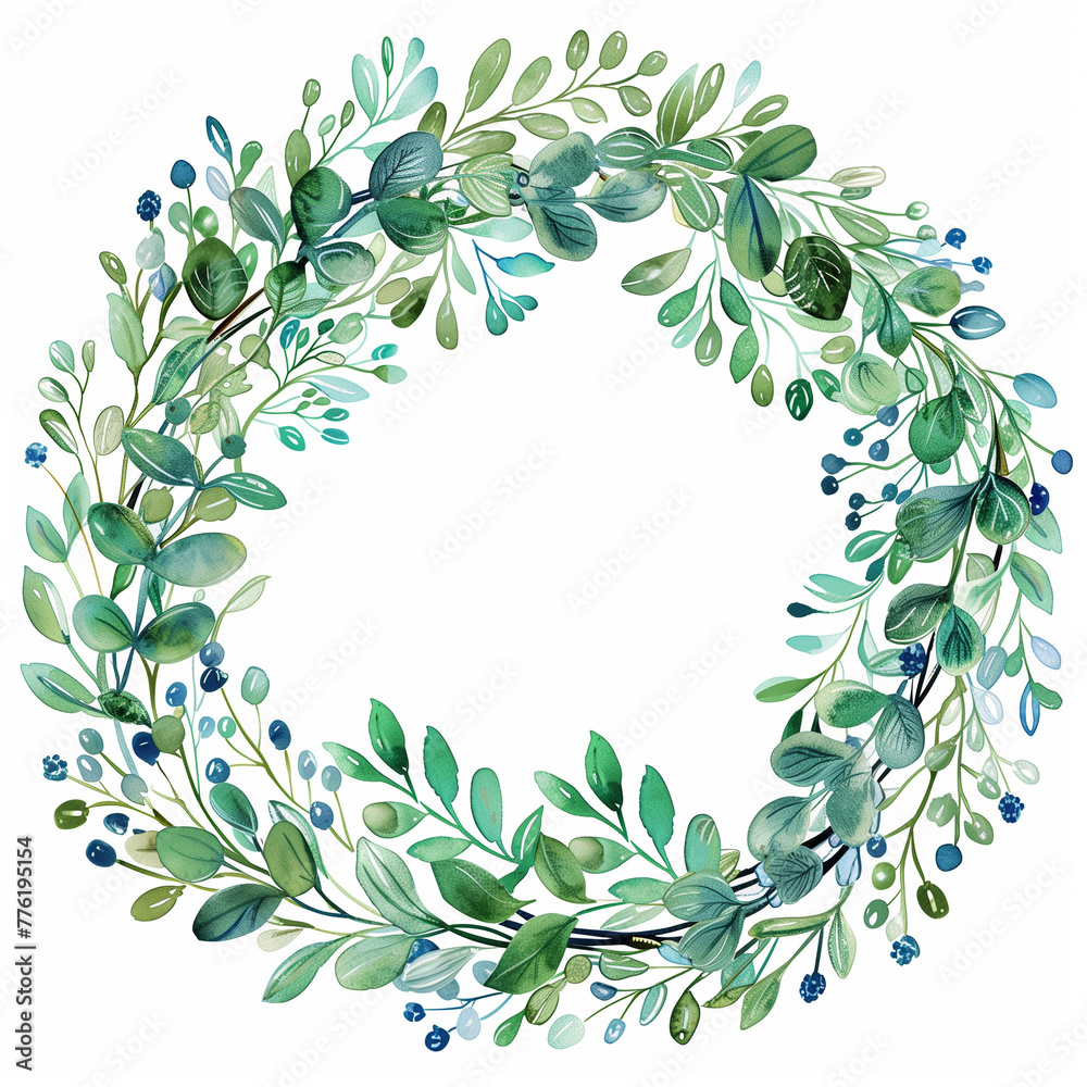 Naklejka premium Couronne de feuilles vertes à l'aquarelle, imagerie florale poétique printemps-été