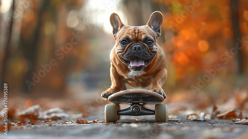 A French bulldog rides a skateboard in the park