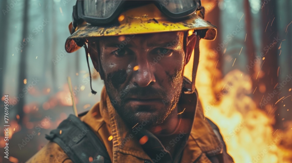 Firefighter fighting to put off fire flames in forest Firefighter fighting to put off fire flames in forest