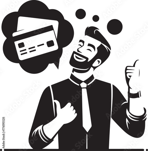 cheerful dreamy man formal shirt rising bank card pointing thumb empty space isolated vector black color silhouette