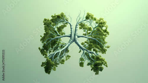 Silhouette of a pair of lungs made from tree branches, on a light green background, concept for breathing life into environmental awareness.