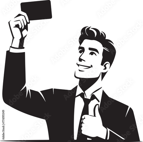 cheerful dreamy man formal shirt rising bank card pointing thumb empty space isolated vector black color silhouette