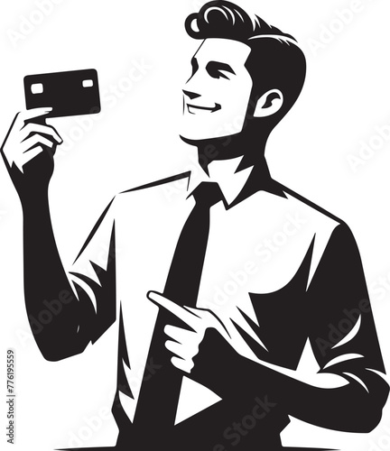 cheerful dreamy man formal shirt rising bank card pointing thumb empty space isolated vector black color silhouette