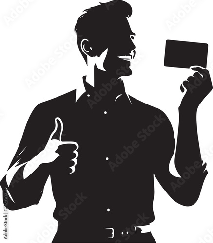 cheerful dreamy man formal shirt rising bank card pointing thumb empty space isolated vector black color silhouette