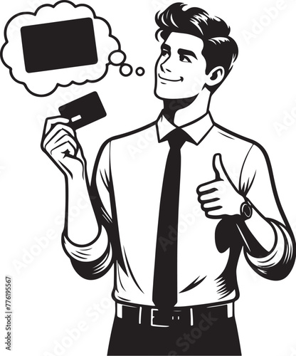 cheerful dreamy man formal shirt rising bank card pointing thumb empty space isolated vector black color silhouette
