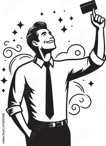 cheerful dreamy man formal shirt rising bank card pointing thumb empty space isolated vector black color silhouette