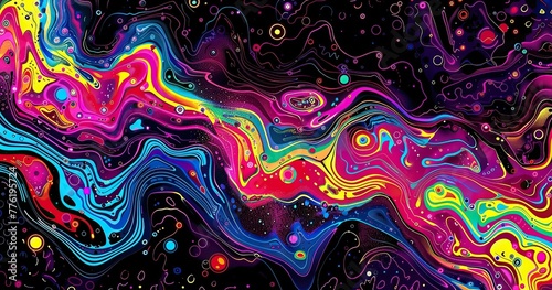 random glow and Colorfull and transparent psychedelic patterns in the style 1969 and sixties on black background photo