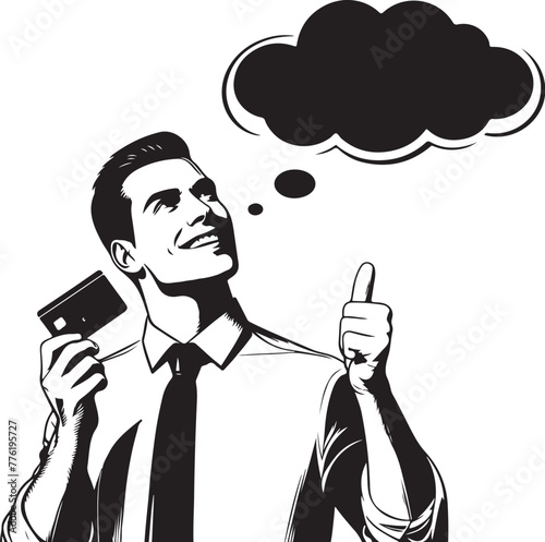 cheerful dreamy man formal shirt rising bank card pointing thumb empty space isolated vector black color silhouette