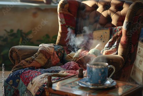   A cozy armchair draped in a patchwork quilt  nestled beside a steaming mug of tea and a well-worn book