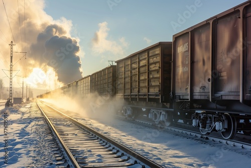 Snowy cargo train under golden sunrise photo