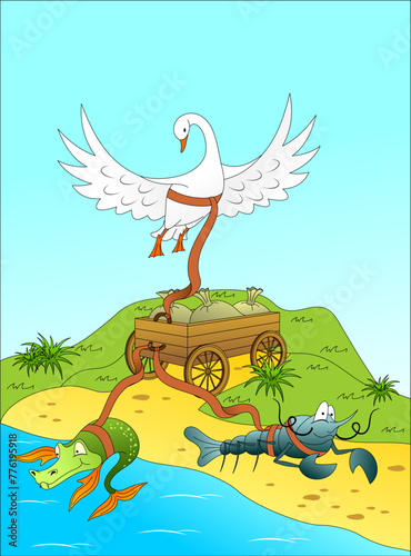 The characters of the fable swan, crayfish and pike pull the cart in different directions.