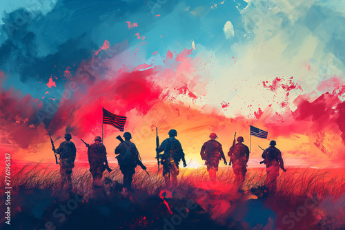 4th of july illustration of USA army holding their flag. Generative AI photo