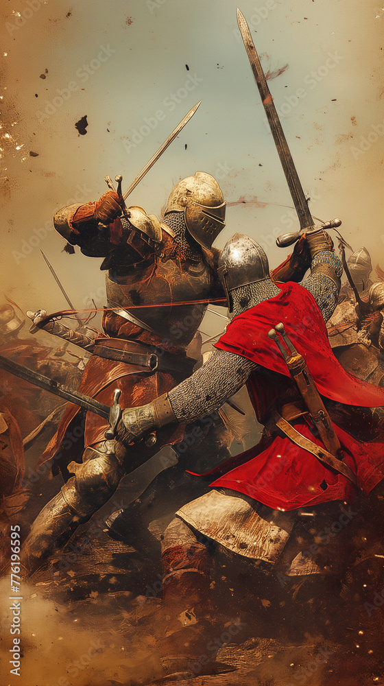 Intense Medieval Battle Scene with Armored Knights Intense Medieval Battle Scene with Armored Knights