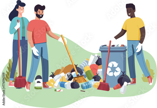 People are cleaning up planet from garbage. World Environment Day. Save the planet. Earth Day concept. Flat style vector illustration