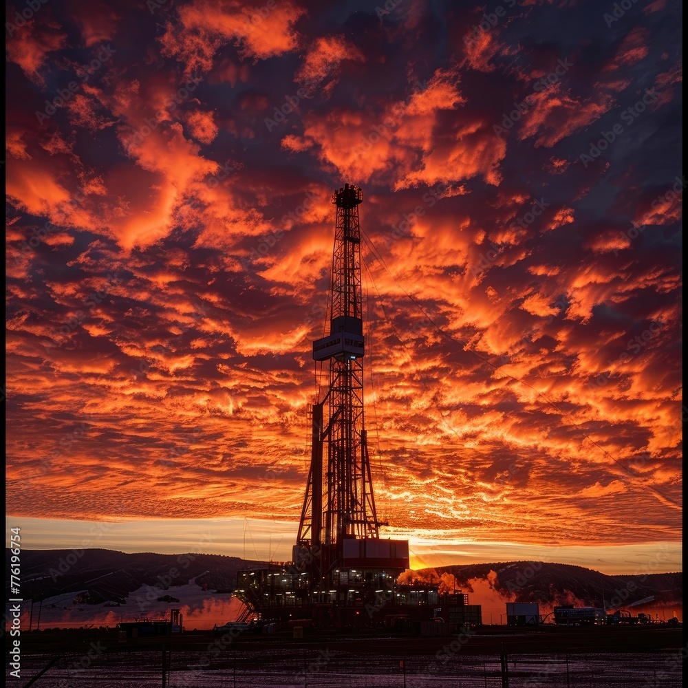 Imposing Drilling Rig Silhouette Against Fiery Sunset Sky