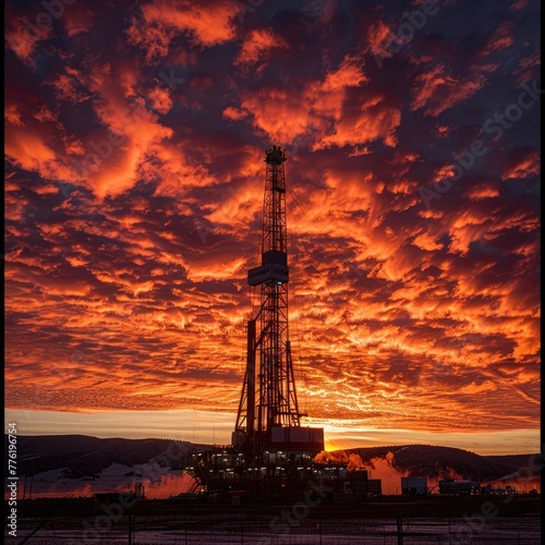 Imposing Drilling Rig Silhouette Against Fiery Sunset Sky © Sittichok