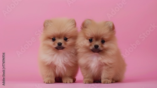 Two cute confused pomeranian puppies with pink background