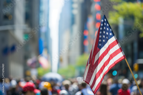 American flag in the city with blur background, memorial day. Generative AI