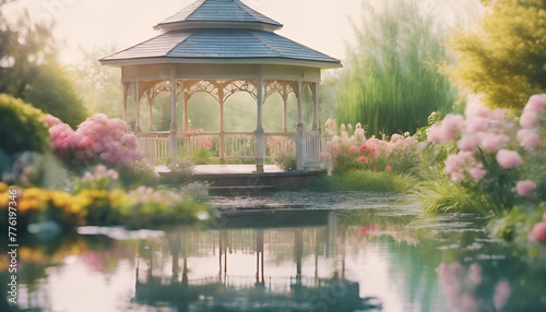 A white gazebo in the middle of an English garden with many flowers, surrounded by water. Generative AI.