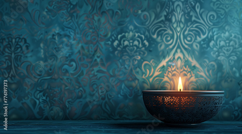 A single lit candle in an elegant, decorative bowl against the backdrop of intricate blue wallpaper with soft lighting and copy space for text