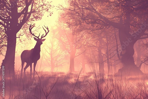 Illustrated scene of a deer in a misty forest vintage style with soft ethereal lighting and textures