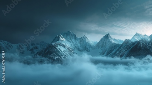 snowy mountains covered in clouds during a dark night generative ai © ThisDesign