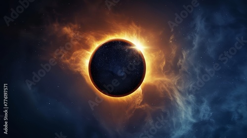 Total solar eclipse with fiery corona. Cosmic phenomenon in starry space