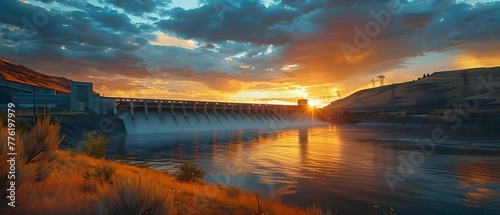 Grand Coulee Dam at sunset in Washington State largest US power station irrigates farmland displaced people flooded ancestral sites. Concept Historical Landmarks, Sunset Photography photo