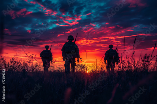 Field at sunset, soldiers silhouettes, a tribute to service and sacrifice. Generative AI photo
