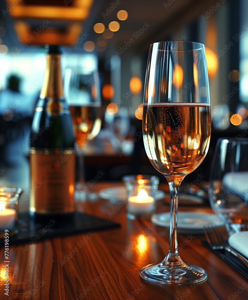 El resplandor íntimo de una experiencia de alta cocina queda capturado en la efervescencia de una copa de champán, celebrando el arte del brindis en un entorno de lujo discreto.