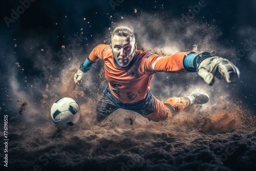 An intense moment as a soccer goalkeeper dives to make a save, dust and energy swirling around the action.