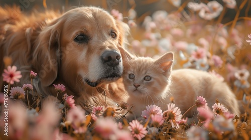 Un momento tierno florece mientras un golden retriever y un gatito comparten una mirada serena, rodeados de un campo de flores de tonos suaves bañadas en la luz gentil de la hora dorada.