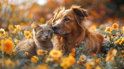 En el suave abrazo de la luz primaveral, un gatito jengibre y un perro dorado comparten un momento de silencioso entendimiento en medio de un mar de caléndulas en flor. photo